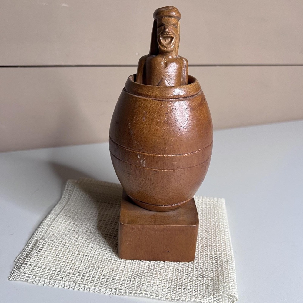 Unmarked Wood Man In Barrel Figurine Small Brown Carving Folk Art Novelty Decor